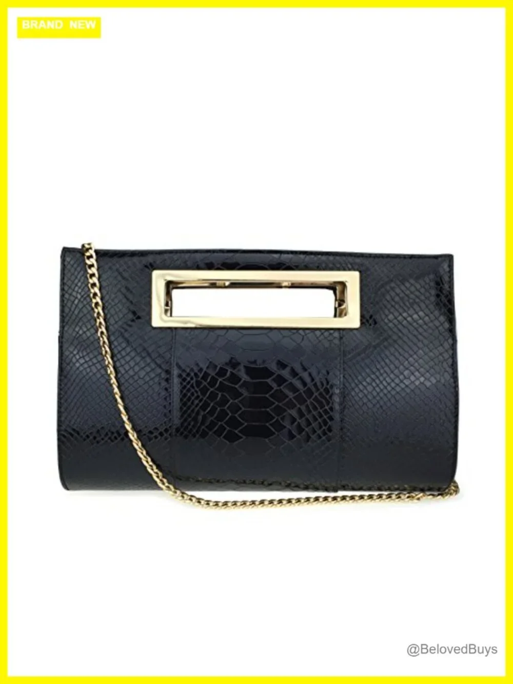 Faux Leather Crocodile Pattern Clutch with Cut-Out Metal Handle and Chain Strap